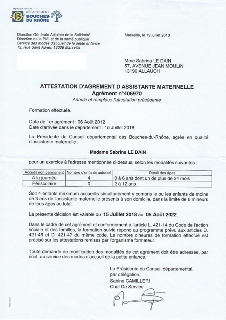 Diplômes de Sabrina, assistante maternelle à Allauch